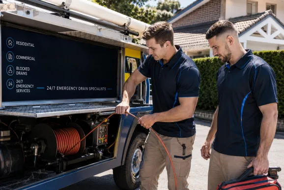 Two plumbers working on a blocked drain in Woronora Heights